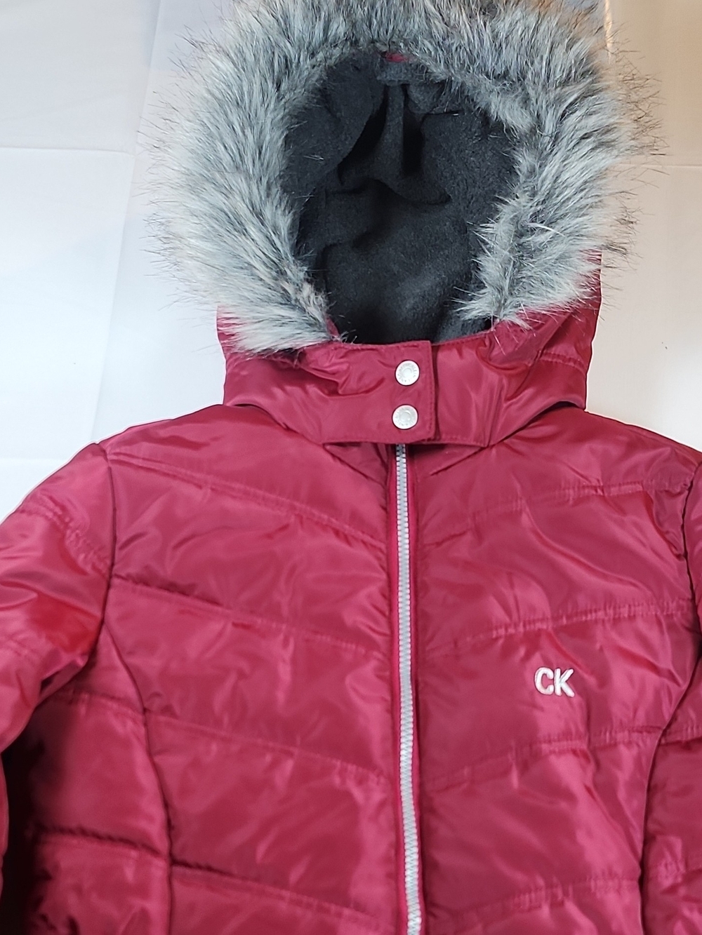 Calvin Klein Girls' Red Puffer Coat with Faux Fur Hood LG 12/14